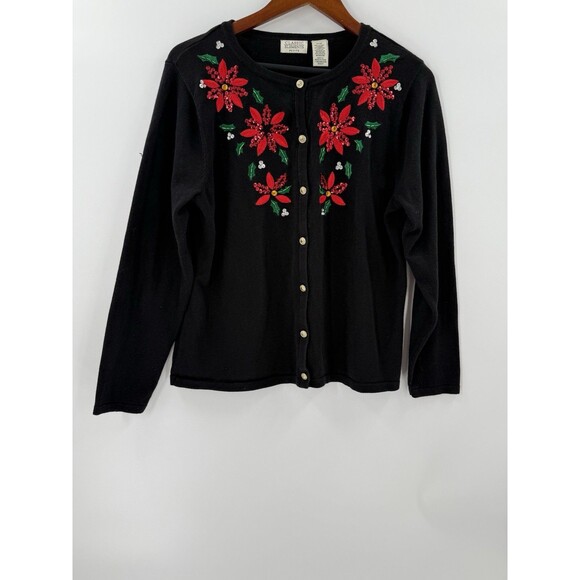 Classic Elements Holiday Poinsettia Cardigan Black Sequin Sweater Petite LARGE - Picture 1 of 14